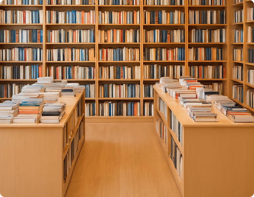 Bright bookstore with wooden shelves